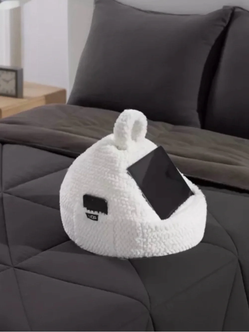 UGG faux fur tablet pouf phone beanbag holder, designed to prop up devices